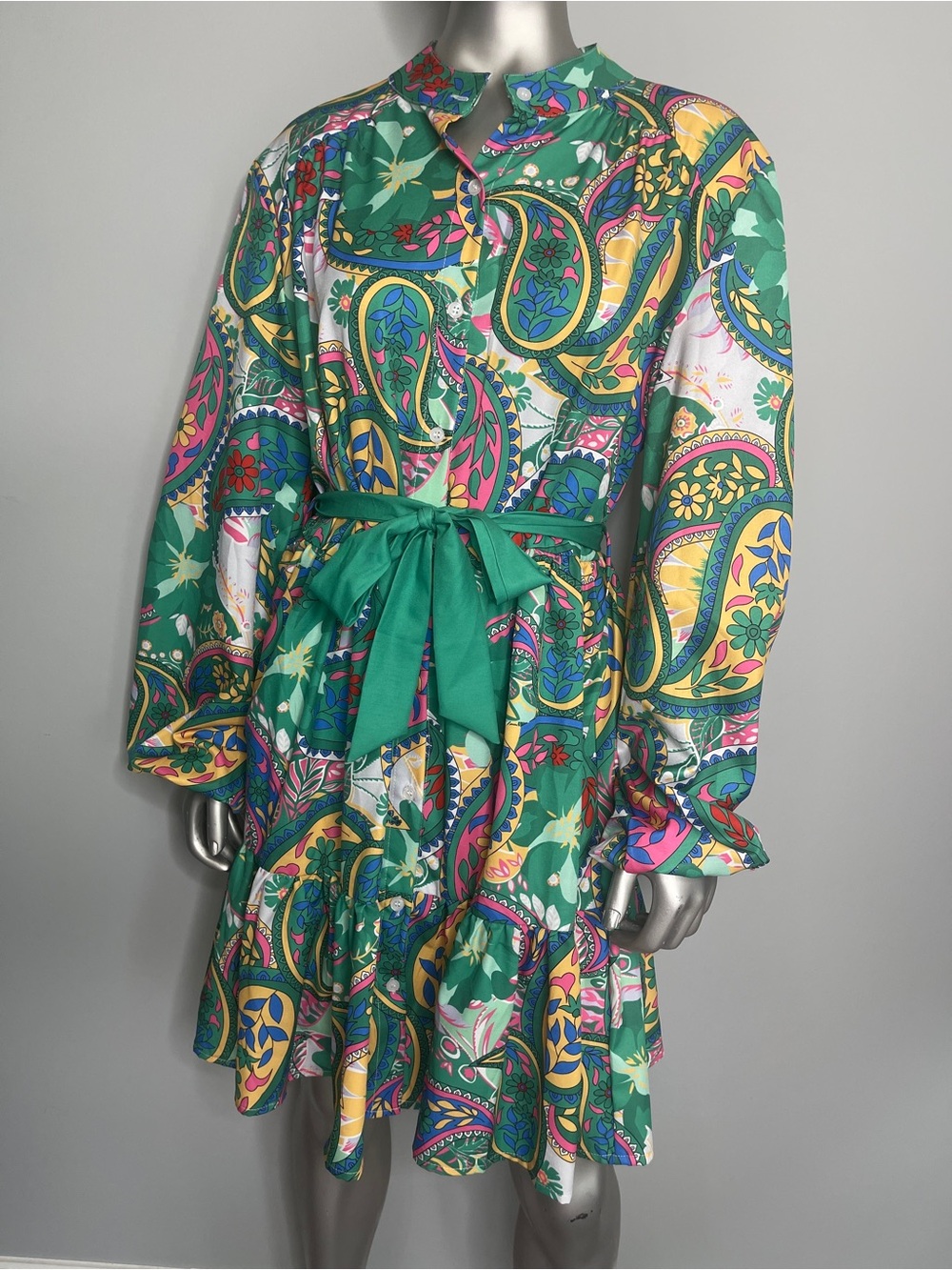 Green Paisley Tie Waist Long Sleeve Dress - Picture 2 of 10